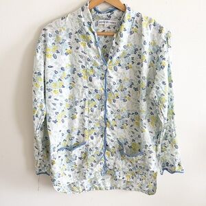Heidi Carey blue yellow floral 100% cotton long sleeve button down pajama top L